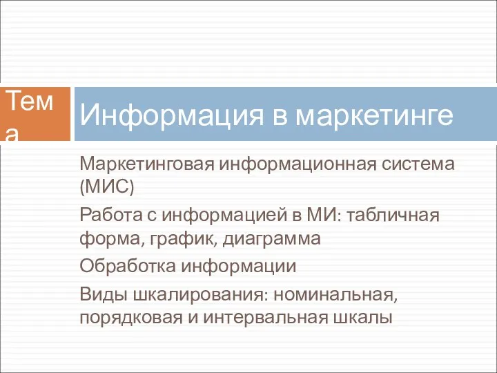 Маркетинговая информационная система (МИС) Работа с информацией в МИ: табличная