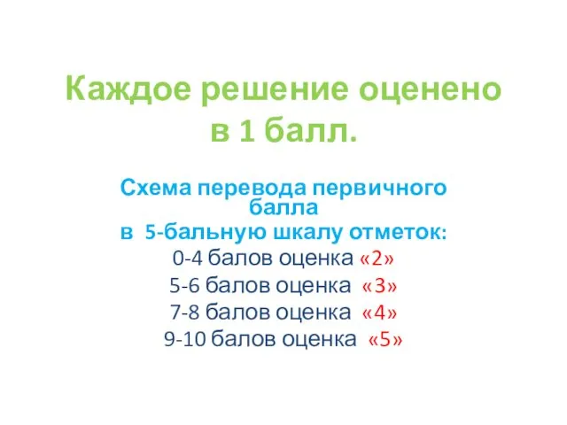 Каждое решение оценено в 1 балл. Схема перевода первичного балла