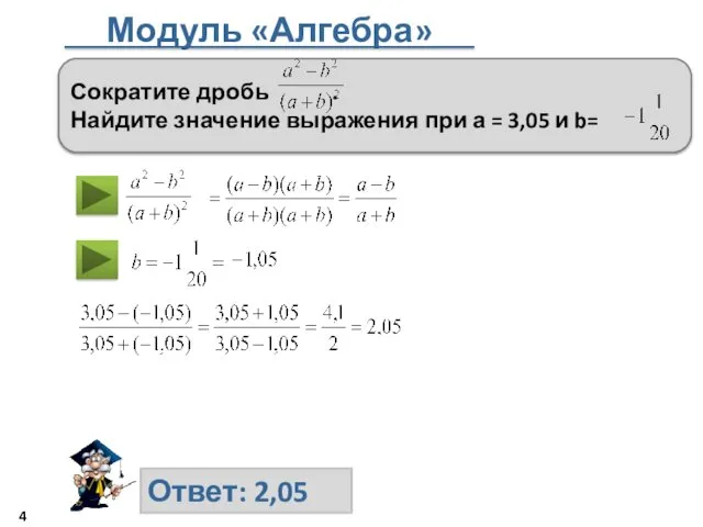 Модуль «Алгебра» Ответ: 2,05 Сократите дробь . Найдите значение выражения при а = 3,05 и b=