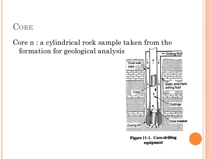 Core Core n : a cylindrical rock sample taken from the formation for geological analysis.
