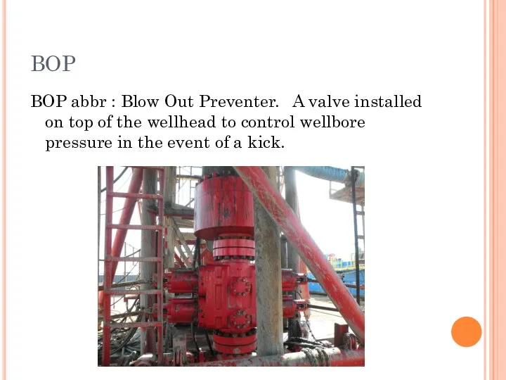 BOP BOP abbr : Blow Out Preventer. A valve installed on top of