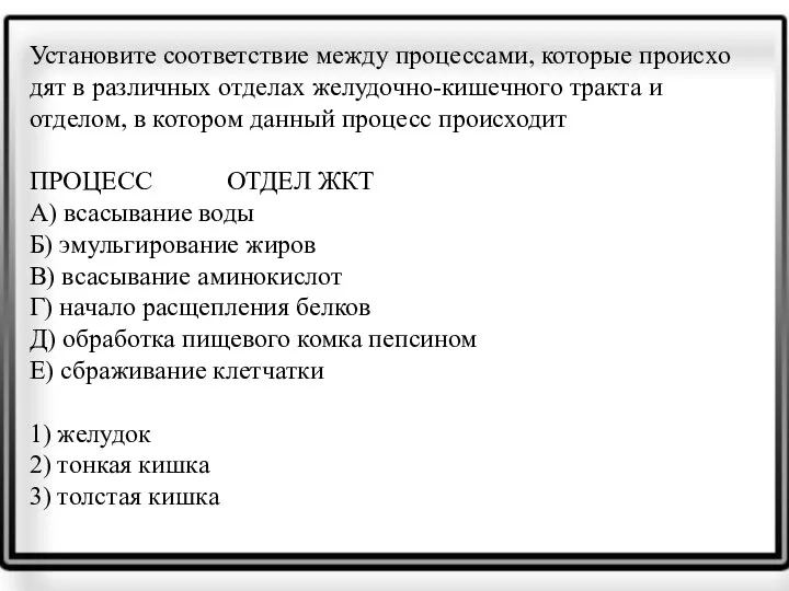 Установите со­от­вет­ствие между процессами, ко­то­рые про­ис­хо­дят в раз­лич­ных от­де­лах желудочно-кишечного