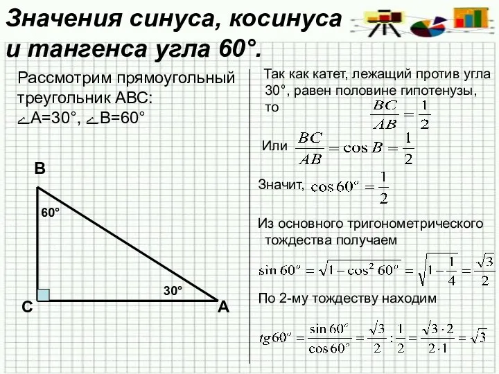 Значения синуса, косинуса и тангенса угла 60°. Так как катет,