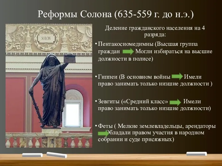 Реформы Солона (635-559 г. до н.э.) Деление гражданского населения на