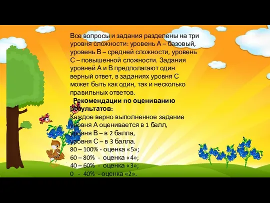 Все вопросы и задания разделены на три уровня сложности: уровень