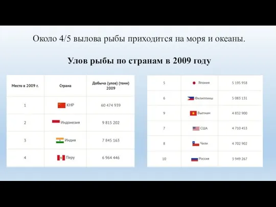 Около 4/5 вылова рыбы приходится на моря и океаны. Улов рыбы по странам в 2009 году