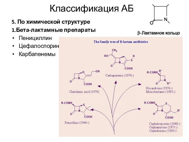 Классификация АБ 5. По химической структуре 1.Бета-лактамные препараты Пенициллин Цефалоспорин Карбапенемы