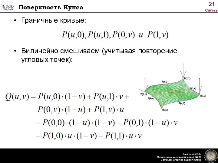 Поверхность Кунса Граничные кривые: Билинейно смешиваем (учитывая повторение угловых точек):