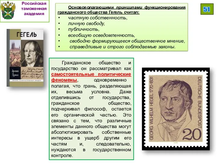 Российская таможенная академия 51 Основополагающими принципами функционирования гражданского общества Гегель