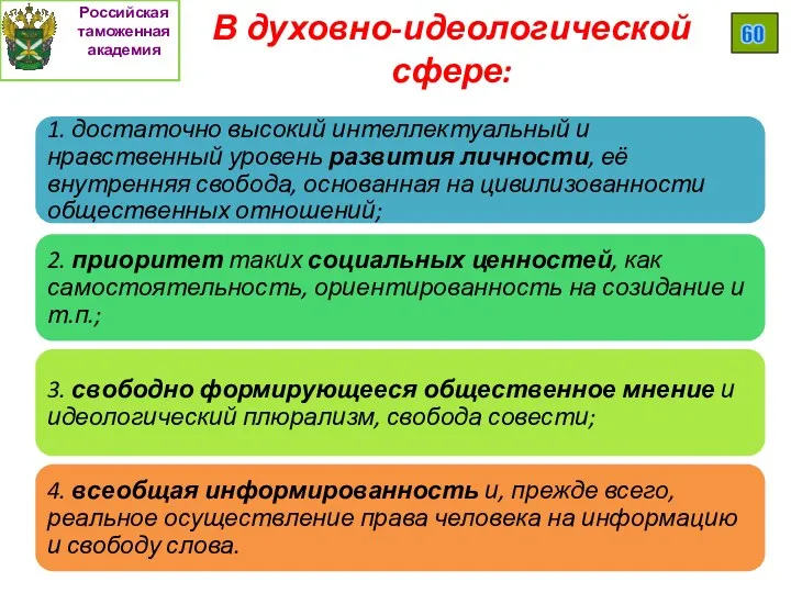 Российская таможенная академия 60 В духовно-идеологической сфере: