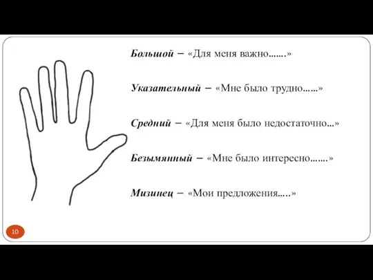 Большой – «Для меня важно…….» Указательный – «Мне было трудно……»