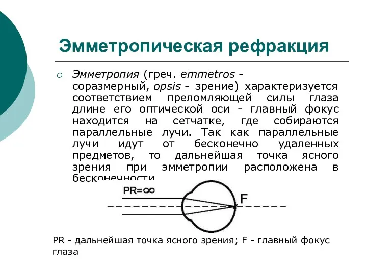 Эмметропическая рефракция Эмметропия (греч. emmetros - соразмерный, opsis - зрение)