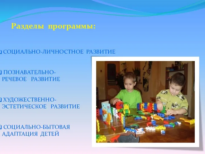 Разделы программы: СОЦИАЛЬНО-ЛИЧНОСТНОЕ РАЗВИТИЕ ПОЗНАВАТЕЛЬНО- РЕЧЕВОЕ РАЗВИТИЕ ХУДОЖЕСТВЕННО- ЭСТЕТИЧЕСКОЕ РАЗВИТИЕ СОЦИАЛЬНО-БЫТОВАЯ АДАПТАЦИЯ ДЕТЕЙ