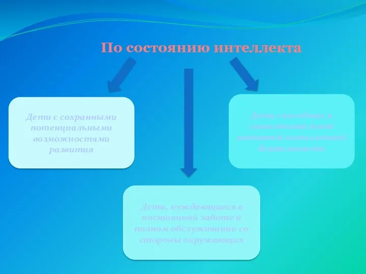 По состоянию интеллекта Дети с сохранными потенциальными возможностями развития Дети