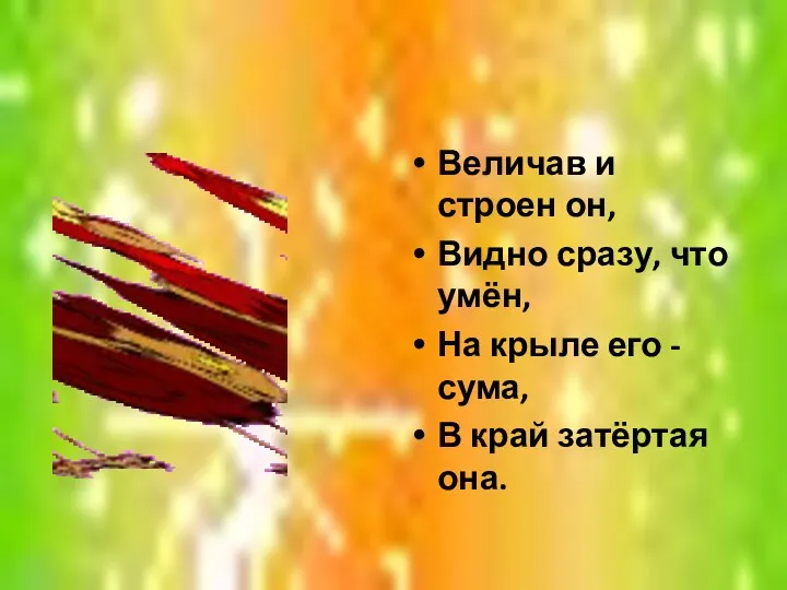 Величав и строен он, Видно сразу, что умён, На крыле