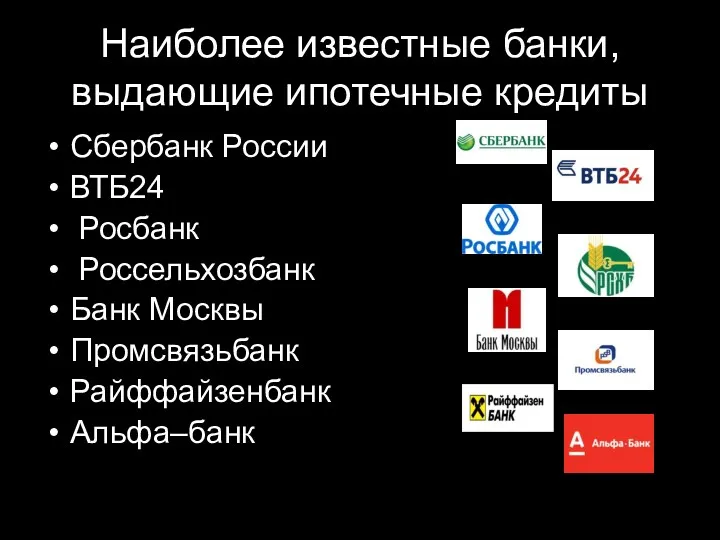 Наиболее известные банки, выдающие ипотечные кредиты Сбербанк России ВТБ24 Росбанк Россельхозбанк Банк Москвы Промсвязьбанк Райффайзенбанк Альфа–банк