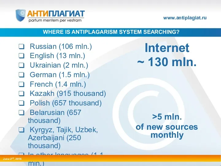 WHERE IS ANTIPLAGARISM SYSTEM SEARCHING? 7/17 www.antiplagiat.ru Russian (106 mln.)