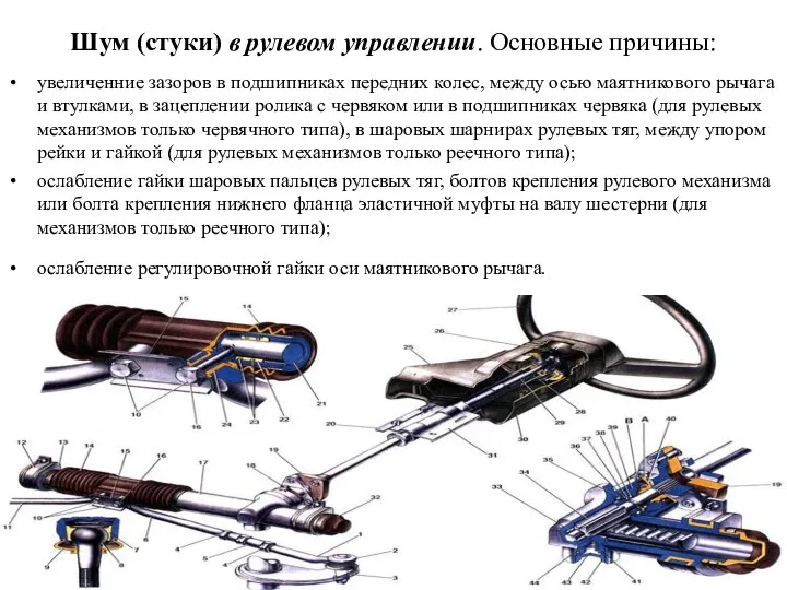 Шум (стуки) в рулевом управлении. Основные причины: увеличенние зазоров в