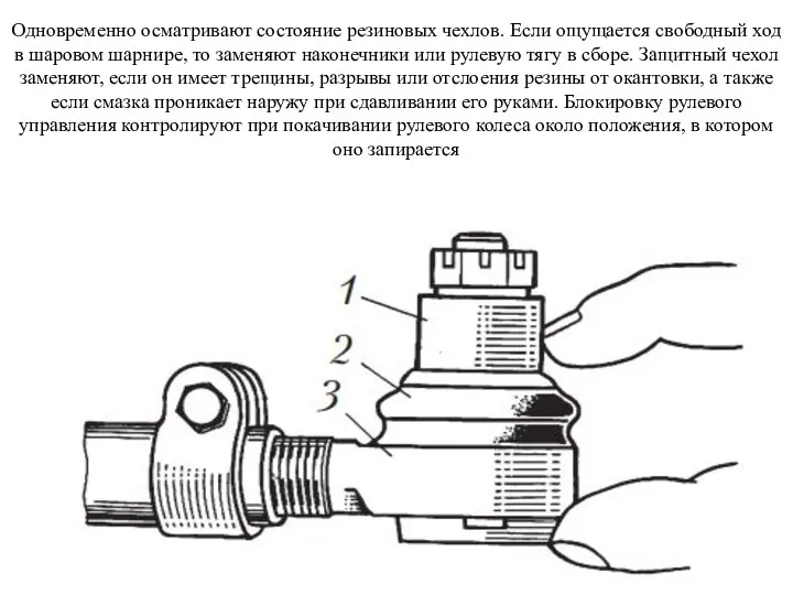 Одновременно осматривают состояние резиновых чехлов. Если ощущается свободный ход в