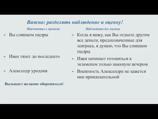 Важно: разделять наблюдение и оценку! Наблюдение с оценкой Вы слишком