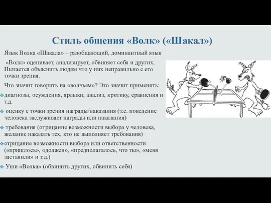 Стиль общения «Волк» («Шакал») Язык Волка «Шакала» – разобщающий, доминантный