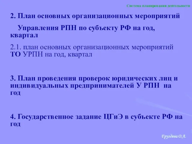 2. План основных организационных мероприятий Управления РПН по субъекту РФ