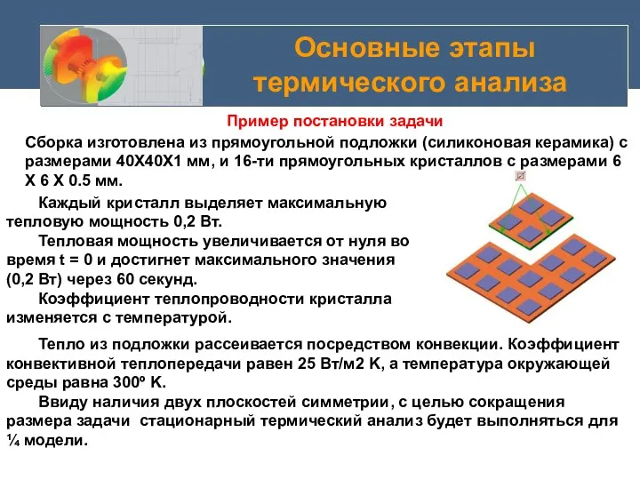 Основные этапы термического анализа Пример постановки задачи Сборка изготовлена из