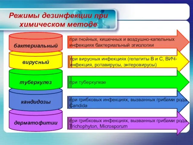 Режимы дезинфекции при химическом методе бактериальный вирусный туберкулез кандидозы дерматофитии