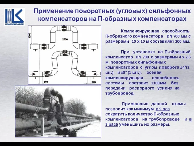 Применение поворотных (угловых) сильфонных компенсаторов на П-образных компенсаторах Компенсирующая способность