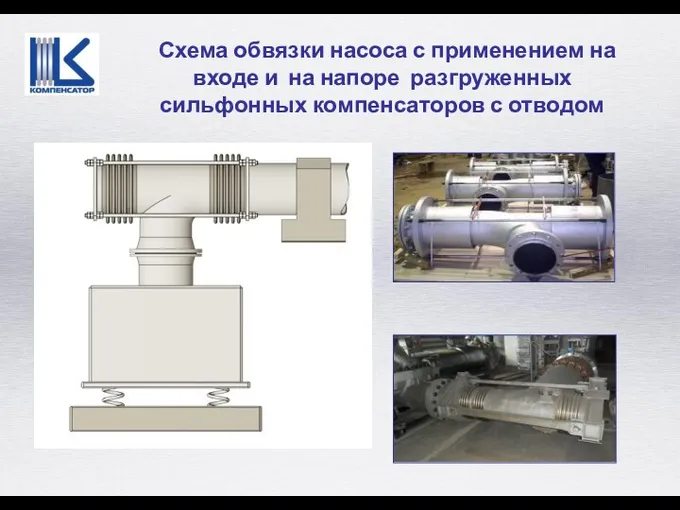 Схема обвязки насоса с применением на входе и на напоре разгруженных сильфонных компенсаторов с отводом