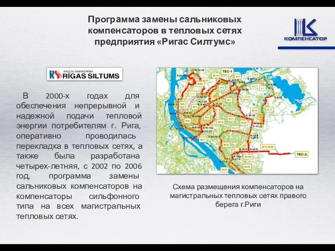 Схема размещения компенсаторов на магистральных тепловых сетях правого берега г.Риги