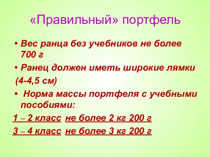 «Правильный» портфель Вес ранца без учебников не более 700 г