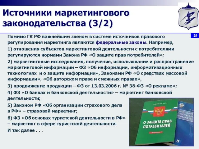 Источники маркетингового законодательства (3/2) Помимо ГК РФ важнейшим звеном в