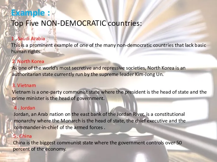 Example : Top Five NON-DEMOCRATIC countries: 1 . Saudi Arabia