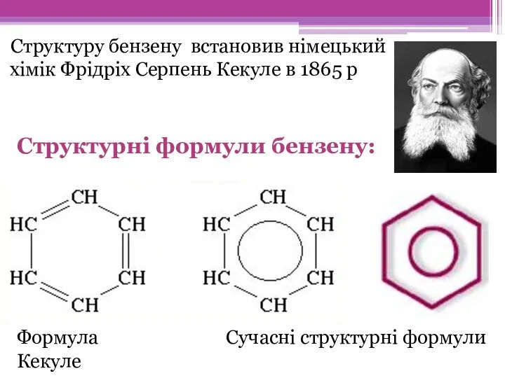 Структуру бензену встановив німецький хімік Фрідріх Серпень Кекуле в 1865