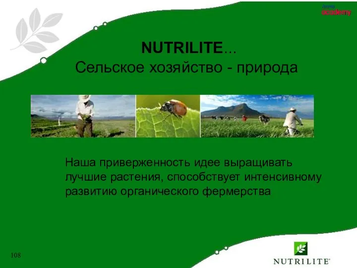NUTRILITE... Сельское хозяйство - природа Наша приверженность идее выращивать лучшие растения, способствует интенсивному развитию органического фермерства