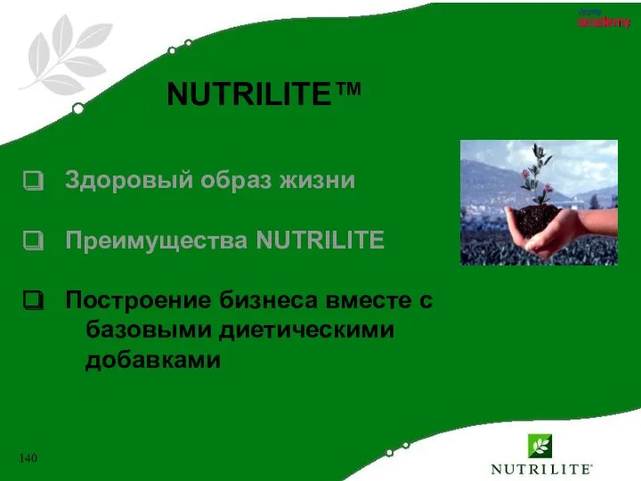 NUTRILITE™ Здоровый образ жизни Преимущества NUTRILITE Построение бизнеса вместе с базовыми диетическими добавками