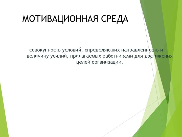 МОТИВАЦИОННАЯ СРЕДА совокупность условий, определяющих направленность и величину усилий, прилагаемых работниками для достижения целей организации.