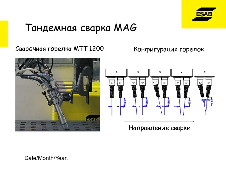 Date/Month/Year. Сварочная горелка MTT 1200 Конфигурация горелок Направление сварки Тандемная сварка MAG