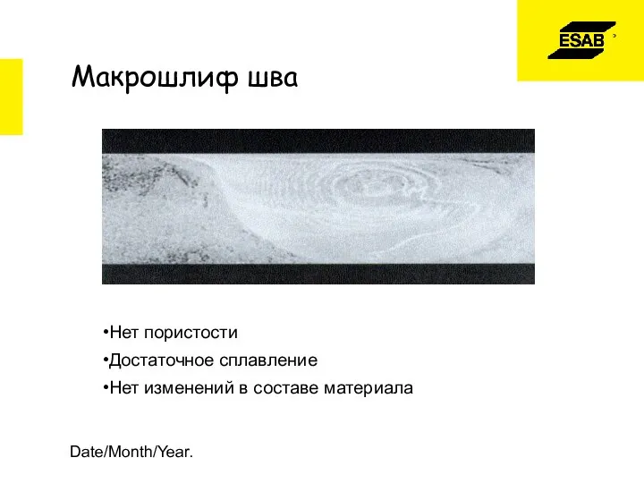 Date/Month/Year. Нет пористости Достаточное сплавление Нет изменений в составе материала Макрошлиф шва