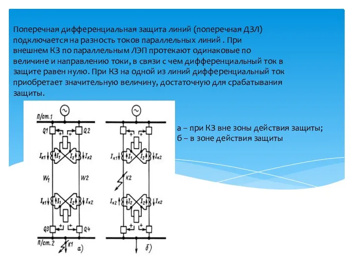 Поперечная дифференциальная защита линий (поперечная ДЗЛ) подключается на разность токов