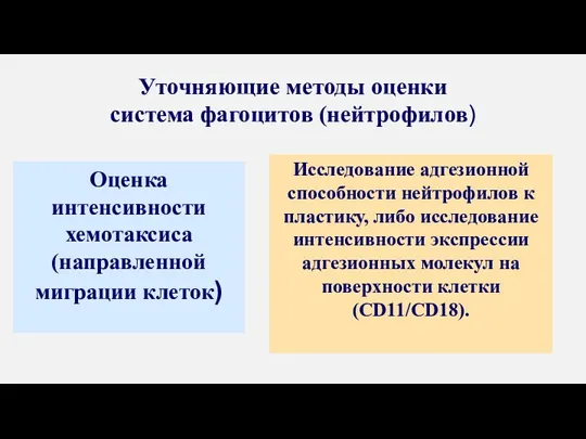 Уточняющие методы оценки система фагоцитов (нейтрофилов) Оценка интенсивности хемотаксиса (направленной