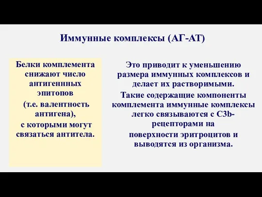 Иммунные комплексы (АГ-АТ) Белки комплемента снижают число антигеннных эпитопов (т.е.