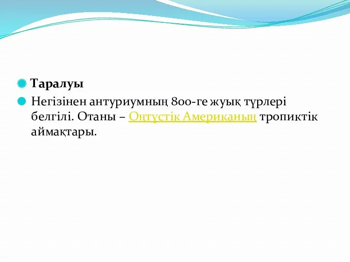 Таралуы Негізінен антуриумның 800-ге жуық түрлері белгілі. Отаны – Оңтүстік Американың тропиктік аймақтары.