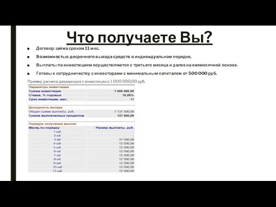 Что получаете Вы? Договор займа сроком 11 мес. Возможностью досрочного