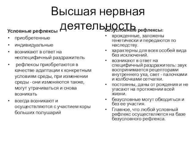 Высшая нервная деятельность Безусловные рефлексы: врожденные, заложены генетически и передаются