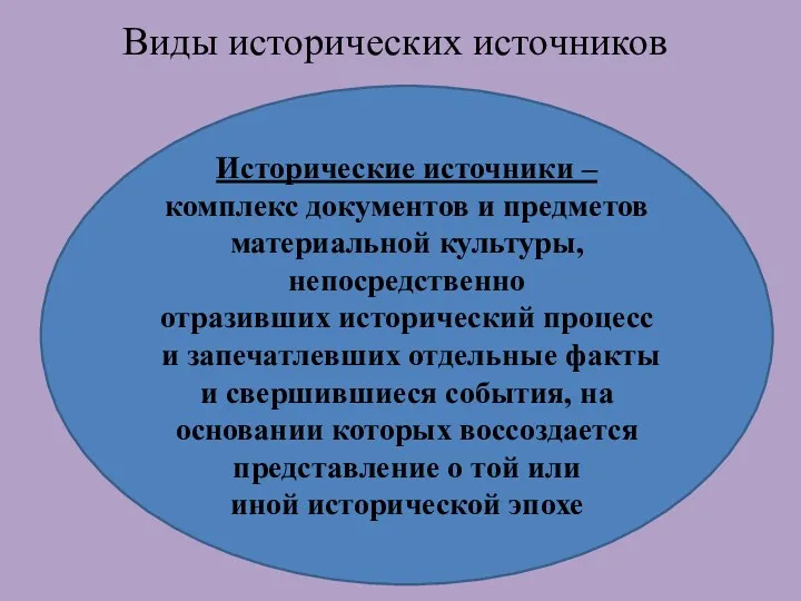 Виды исторических источников Исторические источники –комплекс документов и предметов материальной