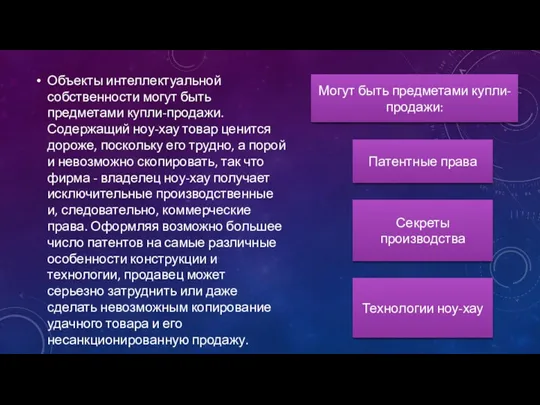 Объекты интеллектуальной собственности могут быть предметами купли-продажи. Содержащий ноу-хау товар ценится дороже, поскольку