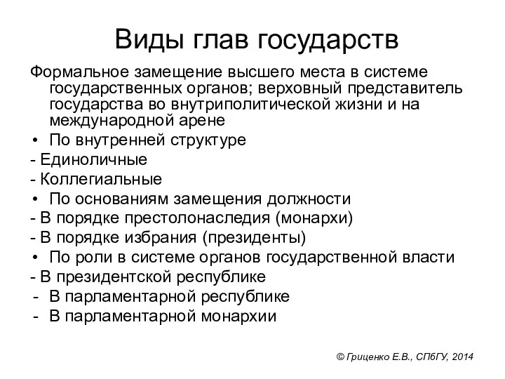 Виды глав государств Формальное замещение высшего места в системе государственных