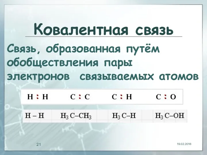 Ковалентная связь 19.02.2016 Связь, образованная путём обобществления пары электронов связываемых атомов